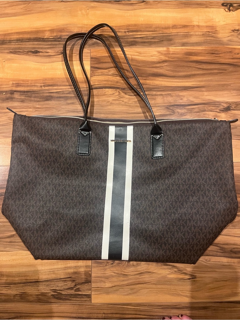 Michael Kors Brown Monogram Tote with Center Black and Cream Stripes